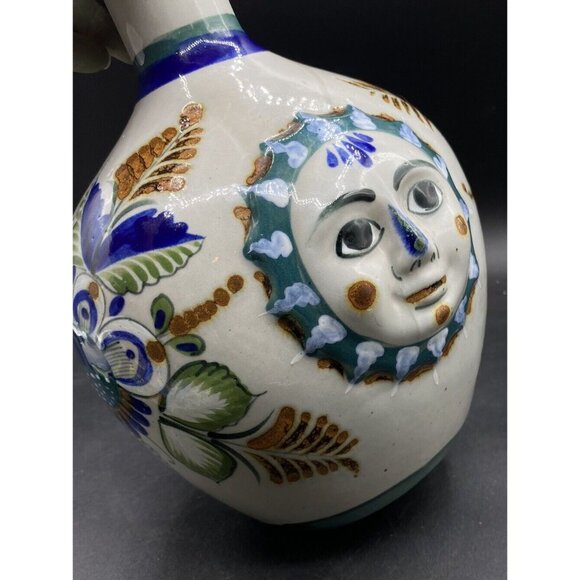 Erandi Tonala Tequila Tumble Up Folk Art Jug Sun Face Florals 11.5” Ceramic - Picture 10 of 14